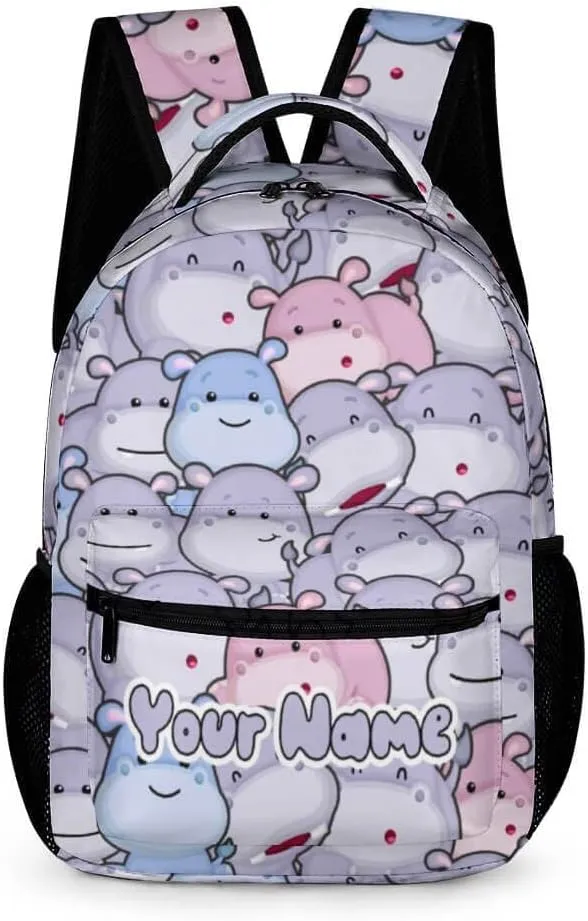 Custom Hippo School Backpack for Kids Girls Boys, 16 Inch Cute Hippos Themed Bookbag, Personalized School Backpack for Students Children, Lightweight, Large Capacity