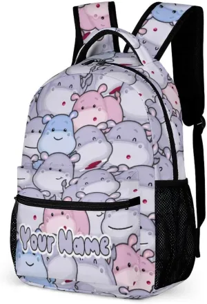 Custom Hippo School Backpack for Kids Girls Boys, 16 Inch Cute Hippos Themed Bookbag, Personalized School Backpack for Students Children, Lightweight, Large Capacity