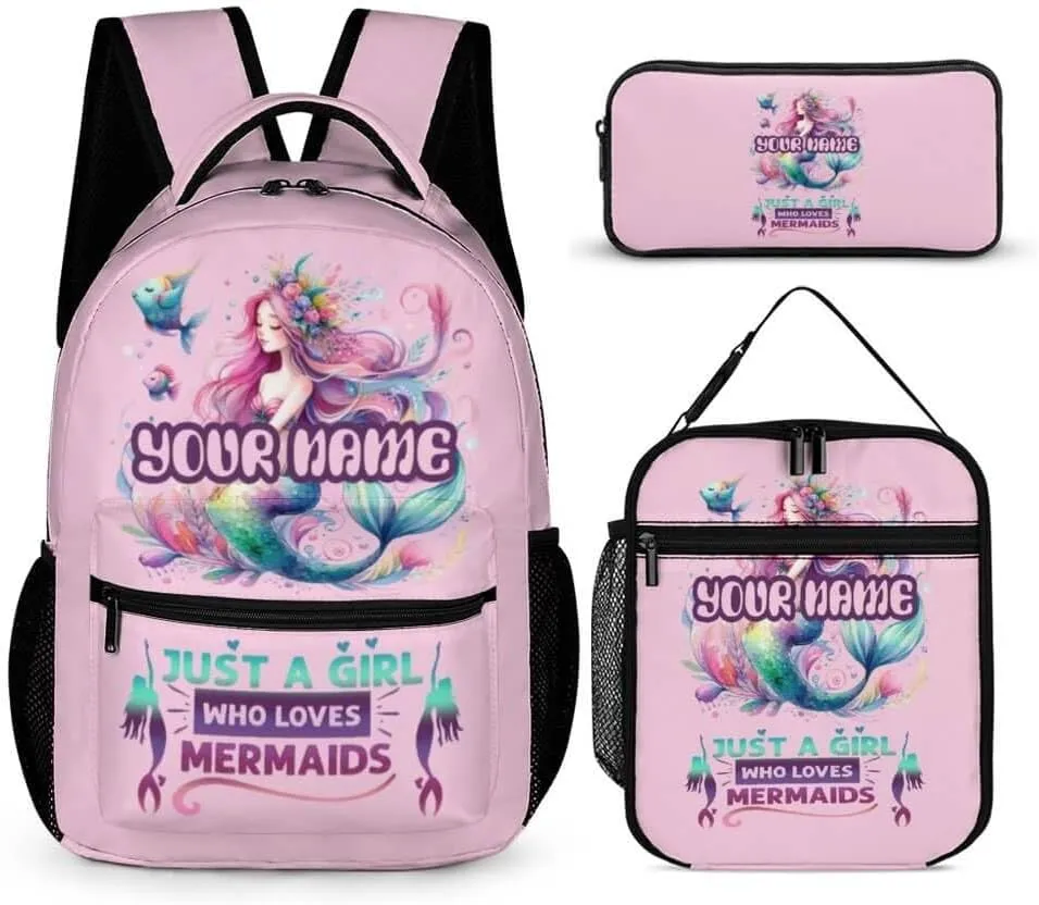 Custom Mermaid Backpack with Lunch Box & Pencil Case for Kids Girls Boys School, 16 Inch Cute Mermaids Bookbag, School Backpack for Students Children, Lightweight, Large Capacity