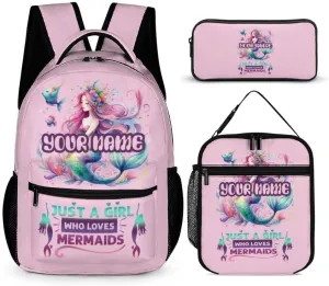 Custom Mermaid Backpack with Lunch Box & Pencil Case for Kids Girls Boys School, 16 Inch Cute Mermaids Bookbag, School Backpack for Students Children, Lightweight, Large Capacity