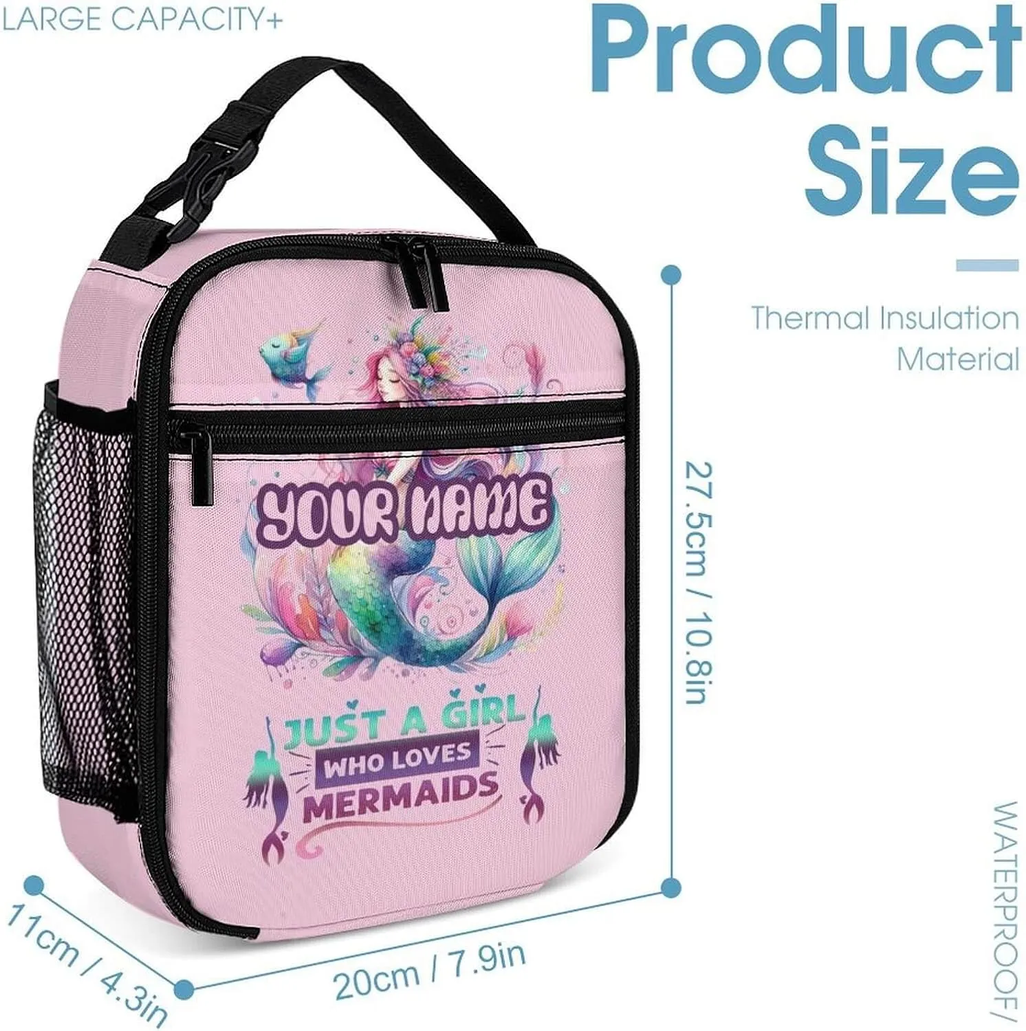 Custom Mermaid Backpack with Lunch Box & Pencil Case for Kids Girls Boys School, 16 Inch Cute Mermaids Bookbag, School Backpack for Students Children, Lightweight, Large Capacity
