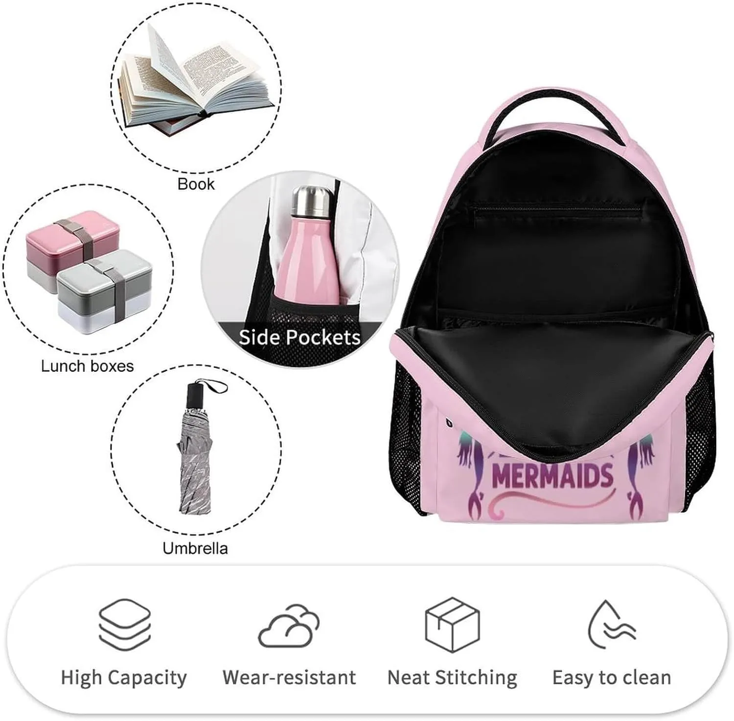 Custom Mermaid School Backpack for Kids Girls Boys, 16 Inch Cute Mermaids Themed Bookbag, Personalized School Backpack for Students Children, Lightweight, Large Capacity