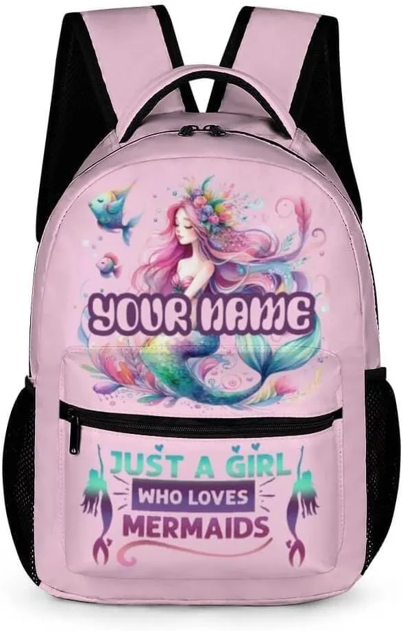 Custom Mermaid School Backpack for Kids Girls Boys, 16 Inch Cute Mermaids Themed Bookbag, Personalized School Backpack for Students Children, Lightweight, Large Capacity