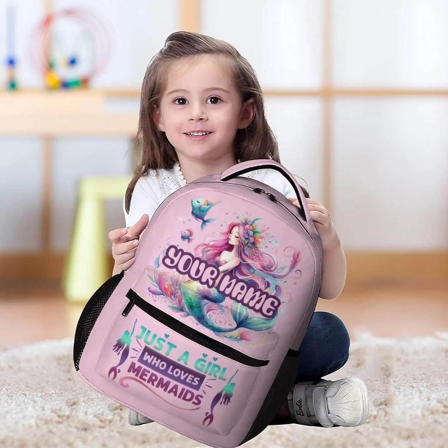 Custom Mermaid School Backpack for Kids Girls Boys, 16 Inch Cute Mermaids Themed Bookbag, Personalized School Backpack for Students Children, Lightweight, Large Capacity