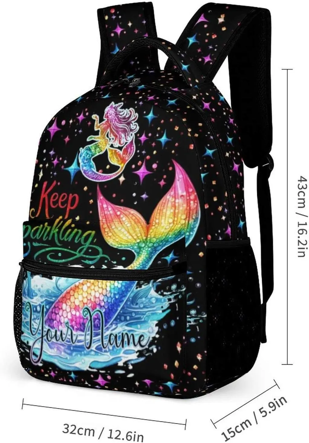 Custom Mermaid Tail School Backpack for Kids Girls Boys, 16 Inch Cute Mermaids Themed Bookbag, Personalized School Backpack for Students Children, Lightweight, Large Capacity