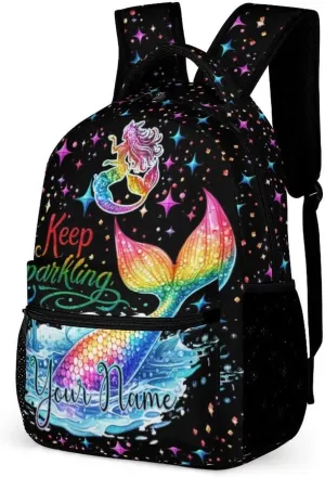 Custom Mermaid Tail School Backpack for Kids Girls Boys, 16 Inch Cute Mermaids Themed Bookbag, Personalized School Backpack for Students Children, Lightweight, Large Capacity