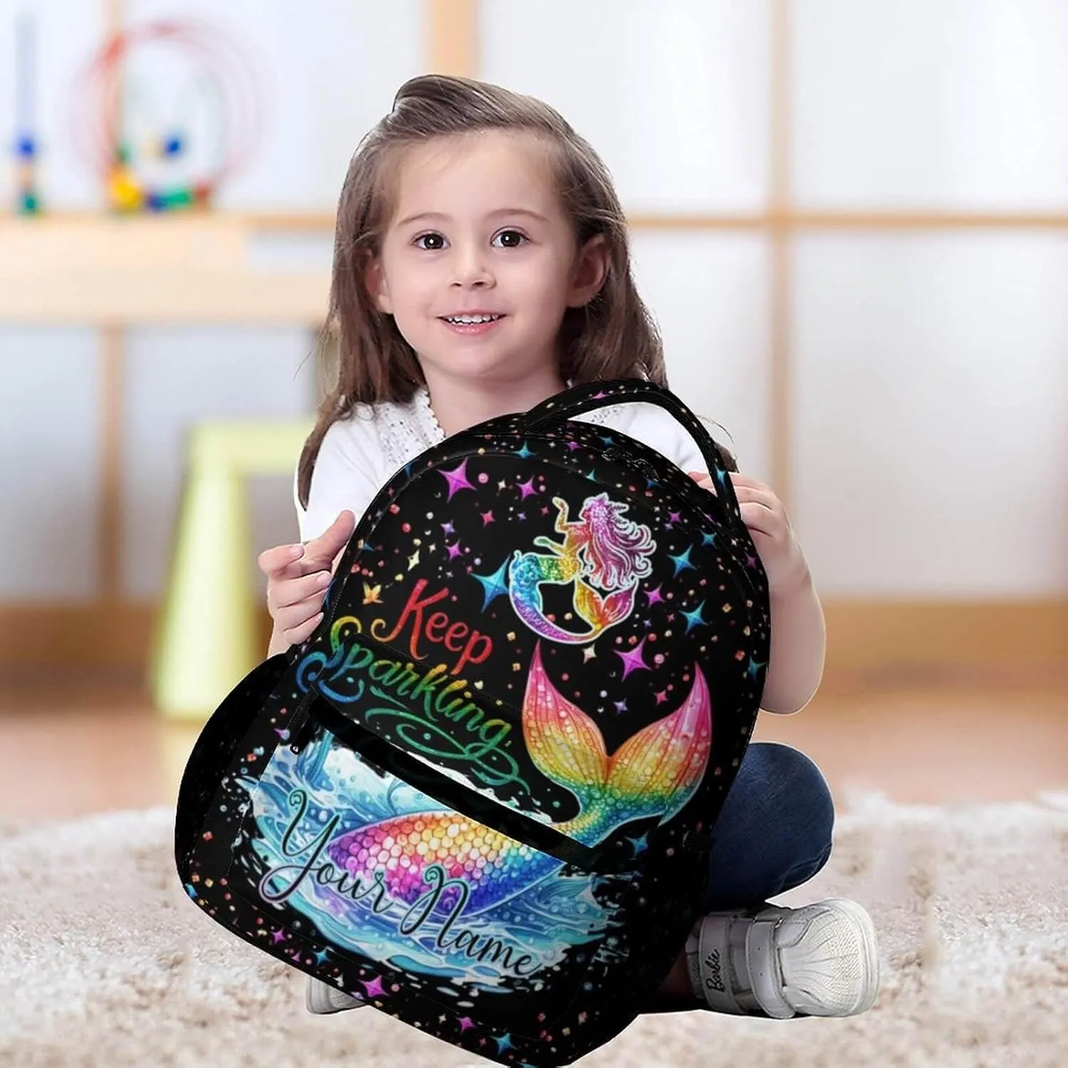 Custom Mermaid Tail School Backpack for Kids Girls Boys, 16 Inch Cute Mermaids Themed Bookbag, Personalized School Backpack for Students Children, Lightweight, Large Capacity