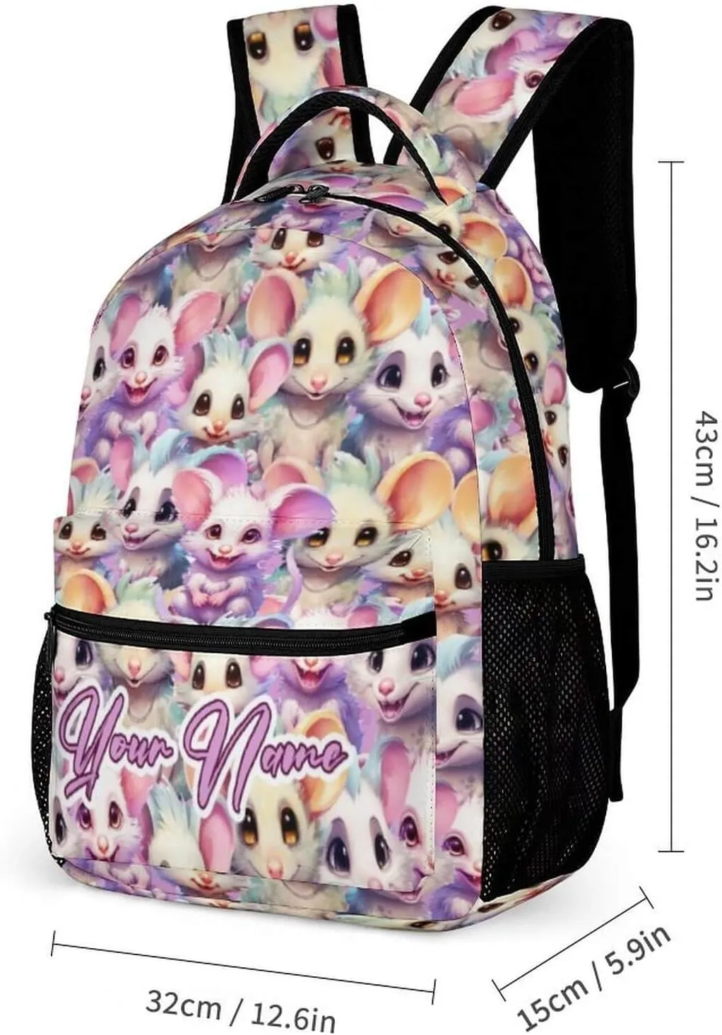 Custom Opossum School Backpack for Kids Girls Boys, 16 Inch Cute Opossums Themed Bookbag, Personalized School Backpack for Students Children, Lightweight, Large Capacity