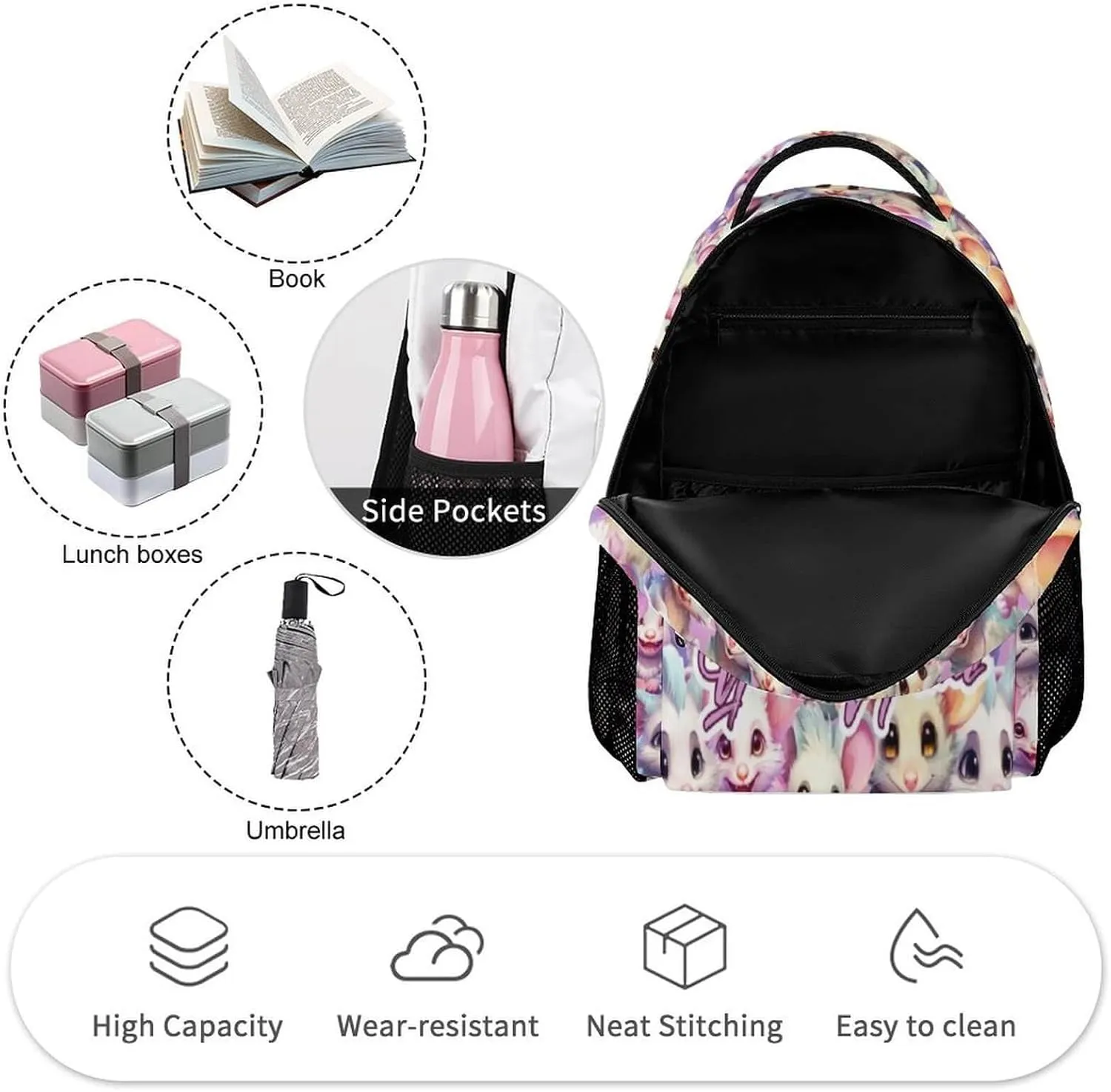 Custom Opossum School Backpack for Kids Girls Boys, 16 Inch Cute Opossums Themed Bookbag, Personalized School Backpack for Students Children, Lightweight, Large Capacity