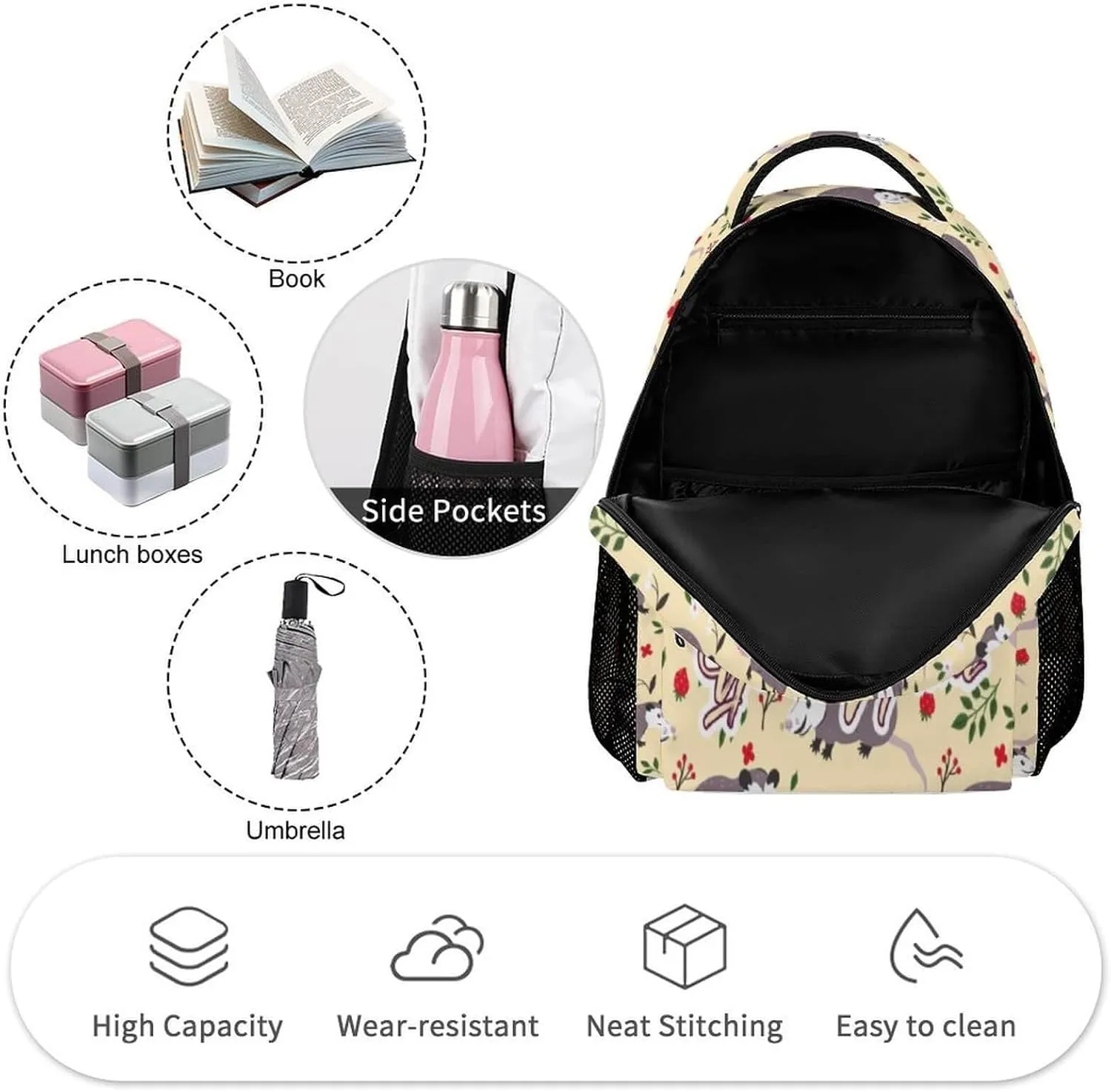 Custom Opossum School Backpack for Kids Girls Boys, 16 Inch Cute Opossums Themed Bookbag, Personalized School Backpack for Students Children, Lightweight, Large Capacity