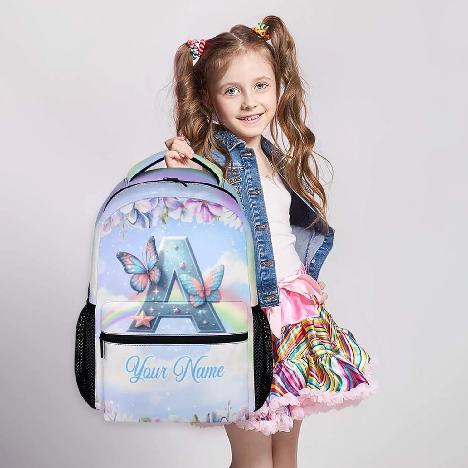 Custom Preschool Name Elementary Kindergarten Butterfly Backpack, Initial School Bag for Girls 3-10, Personalized Kids Backpack, 17 Inch Cute Bookbags for School Travel Work
