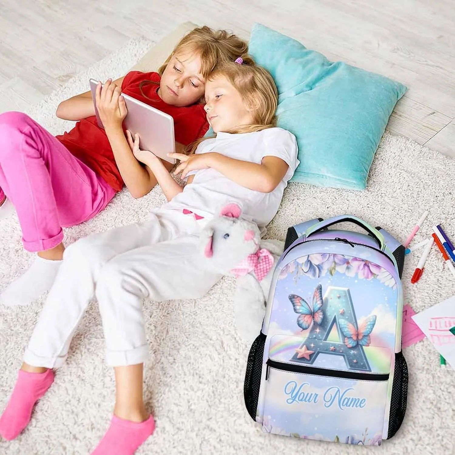 Custom Preschool Name Elementary Kindergarten Butterfly Backpack, Initial School Bag for Girls 3-10, Personalized Kids Backpack, 17 Inch Cute Bookbags for School Travel Work