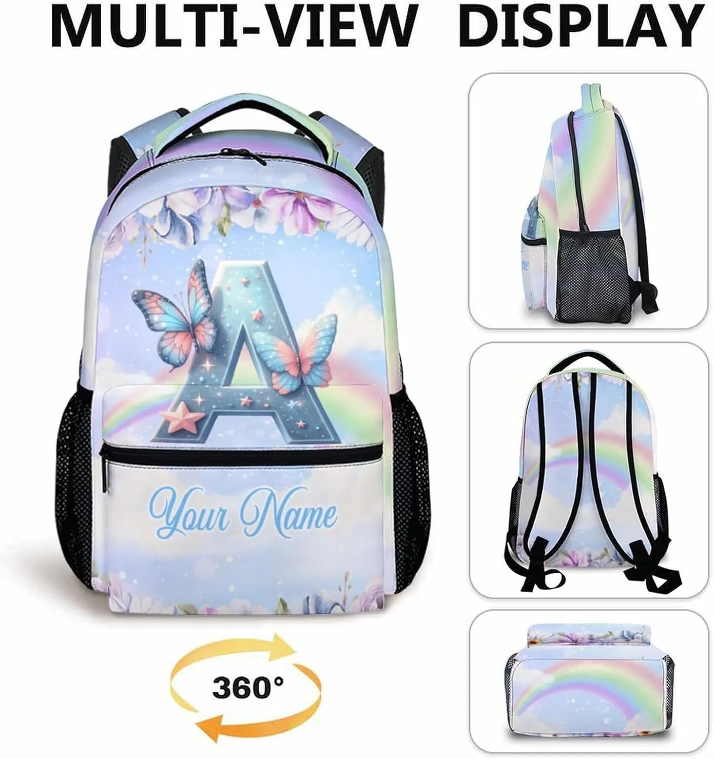Custom Preschool Name Elementary Kindergarten Butterfly Backpack, Initial School Bag for Girls 3-10, Personalized Kids Backpack, 17 Inch Cute Bookbags for School Travel Work