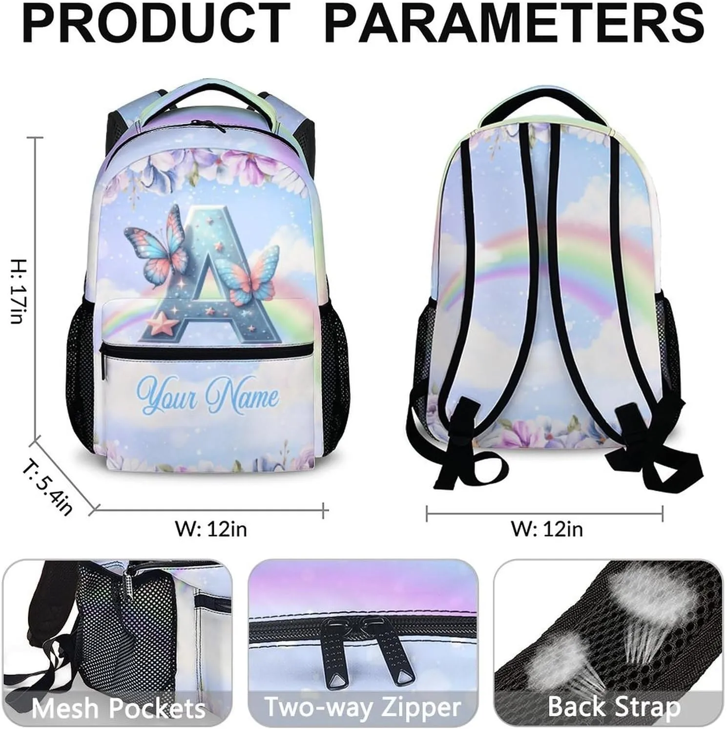 Custom Preschool Name Elementary Kindergarten Butterfly Backpack, Initial School Bag for Girls 3-10, Personalized Kids Backpack, 17 Inch Cute Bookbags for School Travel Work
