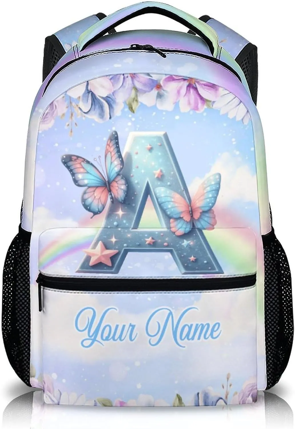 Custom Preschool Name Elementary Kindergarten Butterfly Backpack, Initial School Bag for Girls 3-10, Personalized Kids Backpack, 17 Inch Cute Bookbags for School Travel Work