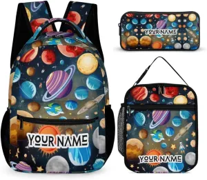 Custom Solar System Backpack with Lunch Box & Pencil Case for Kids Girls Boys School, 16 Inch Cute Planet Bookbag, School Backpack for Students Children, Lightweight, Large Capacity