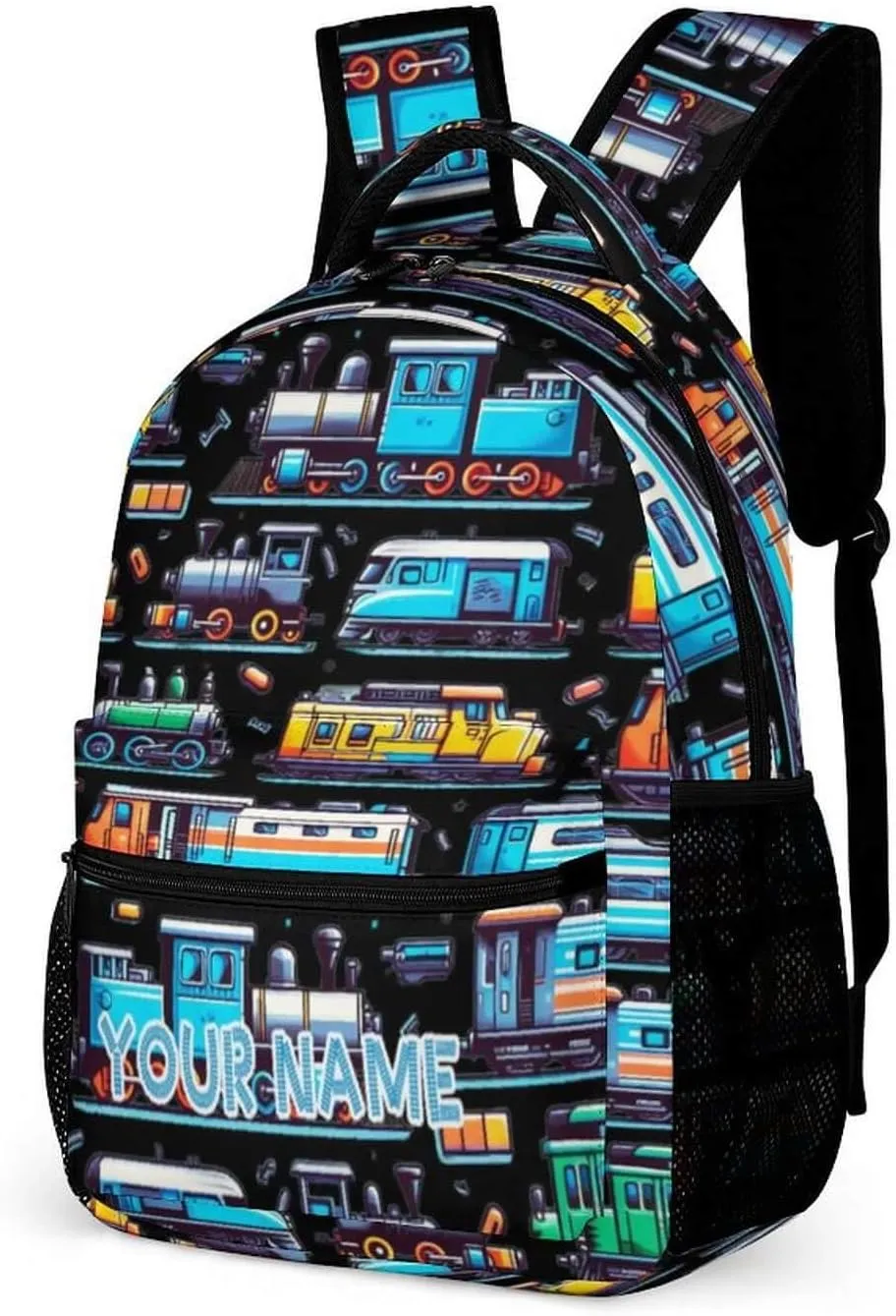 Custom Train School Backpack for Kids Girls Boys, 16 Inch Cute Train Themed Bookbag, Personalized School Backpack for Students Children, Lightweight, Large Capacity