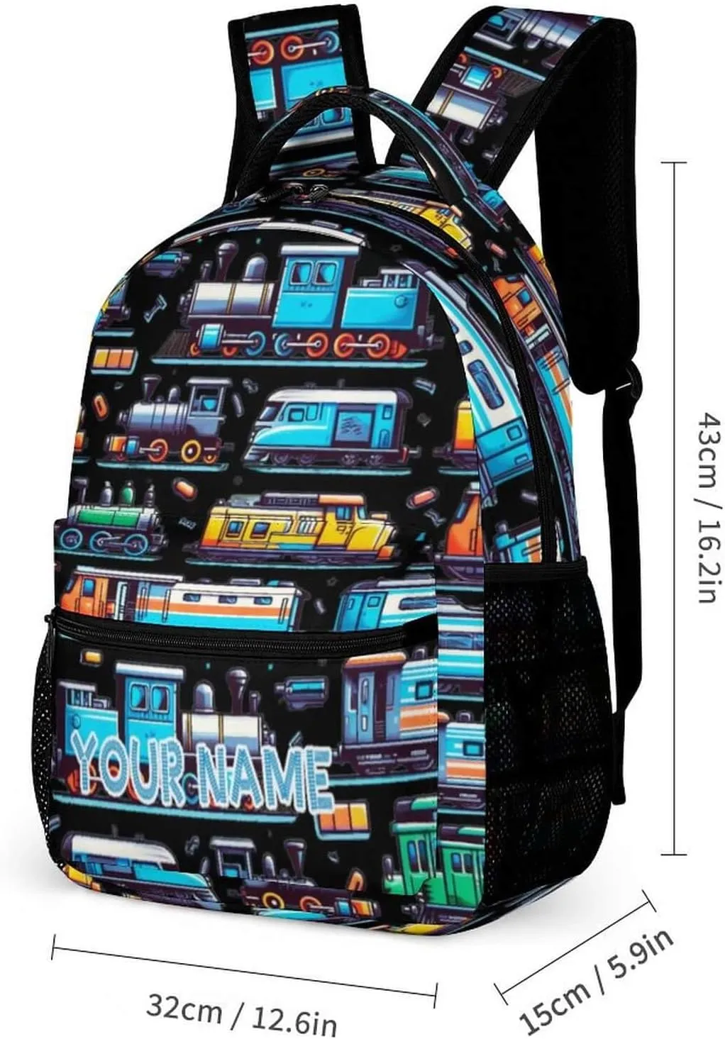 Custom Train School Backpack for Kids Girls Boys, 16 Inch Cute Train Themed Bookbag, Personalized School Backpack for Students Children, Lightweight, Large Capacity