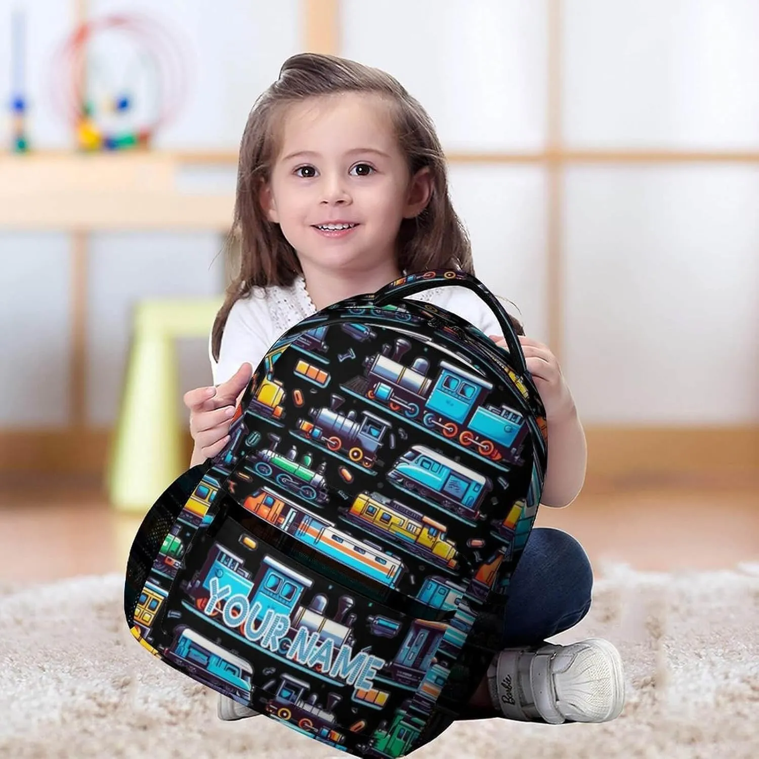 Custom Train School Backpack for Kids Girls Boys, 16 Inch Cute Train Themed Bookbag, Personalized School Backpack for Students Children, Lightweight, Large Capacity