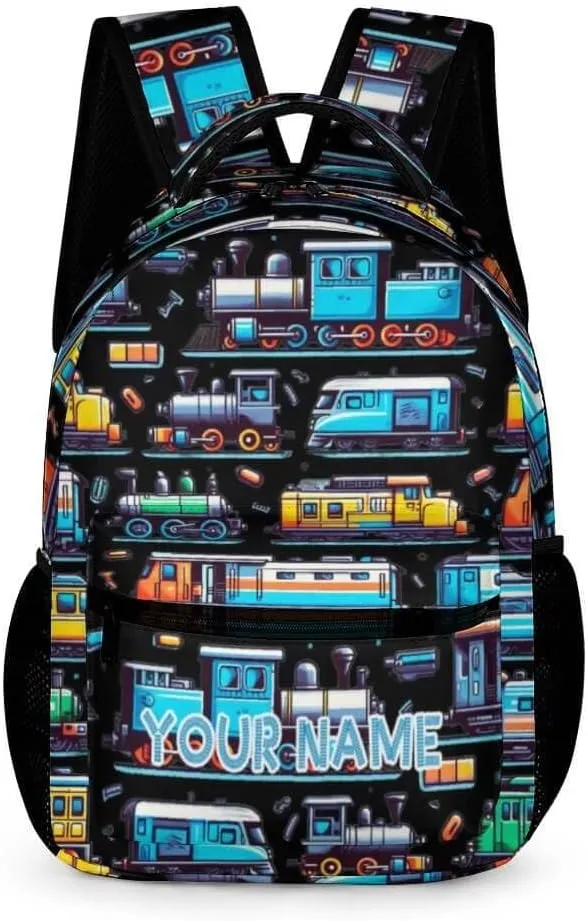 Custom Train School Backpack for Kids Girls Boys, 16 Inch Cute Train Themed Bookbag, Personalized School Backpack for Students Children, Lightweight, Large Capacity