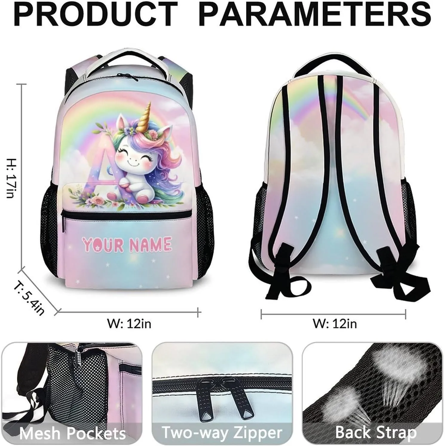 Custom Unicorn Backpack, Cute Kids Backpack, Lightweight Preschool Unicorn Monogram Bookbag for Girls Age 3-10, Kids Book Bag Elementary