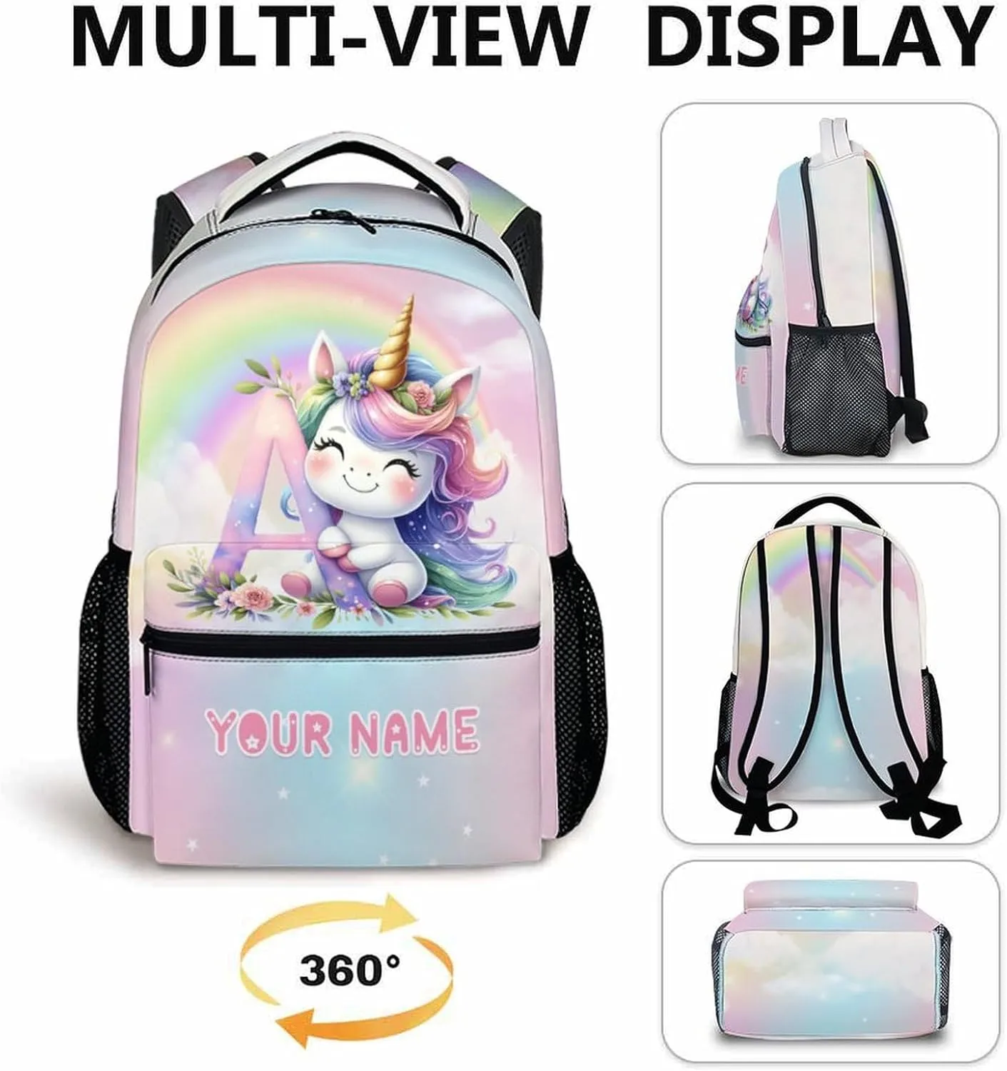 Custom Unicorn Backpack, Cute Kids Backpack, Lightweight Preschool Unicorn Monogram Bookbag for Girls Age 3-10, Kids Book Bag Elementary