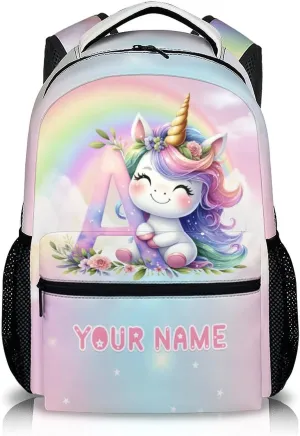 Custom Unicorn Backpack, Cute Kids Backpack, Lightweight Preschool Unicorn Monogram Bookbag for Girls Age 3-10, Kids Book Bag Elementary