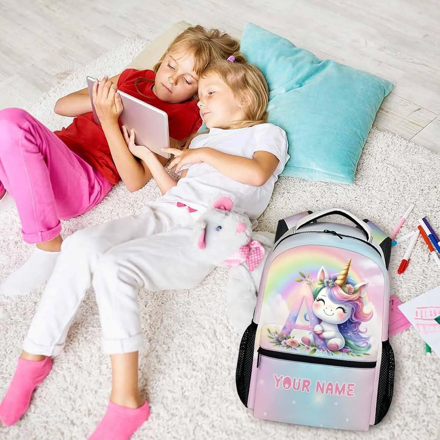 Custom Unicorn Backpack, Cute Kids Backpack, Lightweight Preschool Unicorn Monogram Bookbag for Girls Age 3-10, Kids Book Bag Elementary