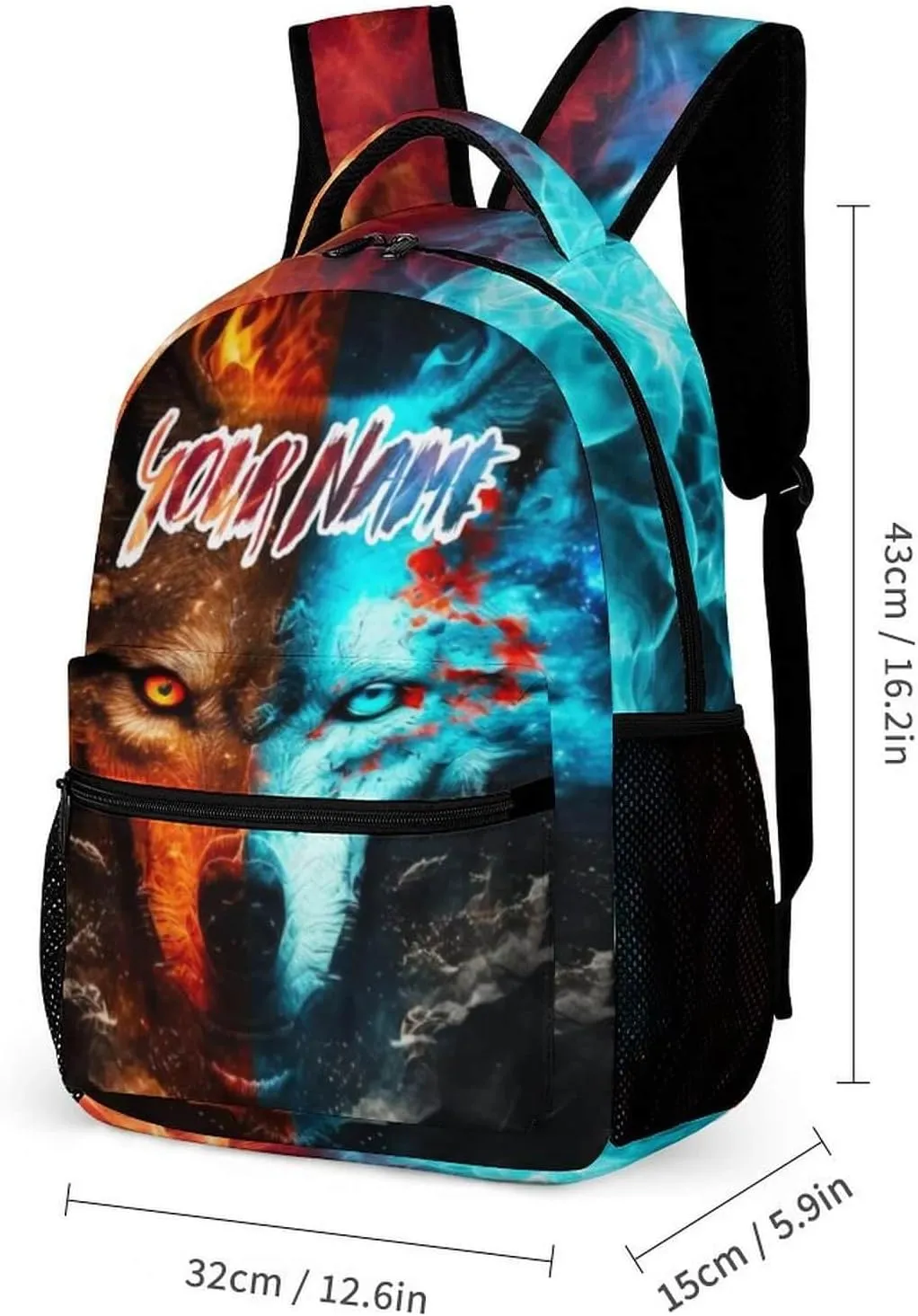 Custom Wolf Backpack with Lunch Box & Pencil Case for Kids Girls Boys School, 16 Inch Cute Wolf Bookbag, School Backpack for Students Children, Lightweight, Large Capacity