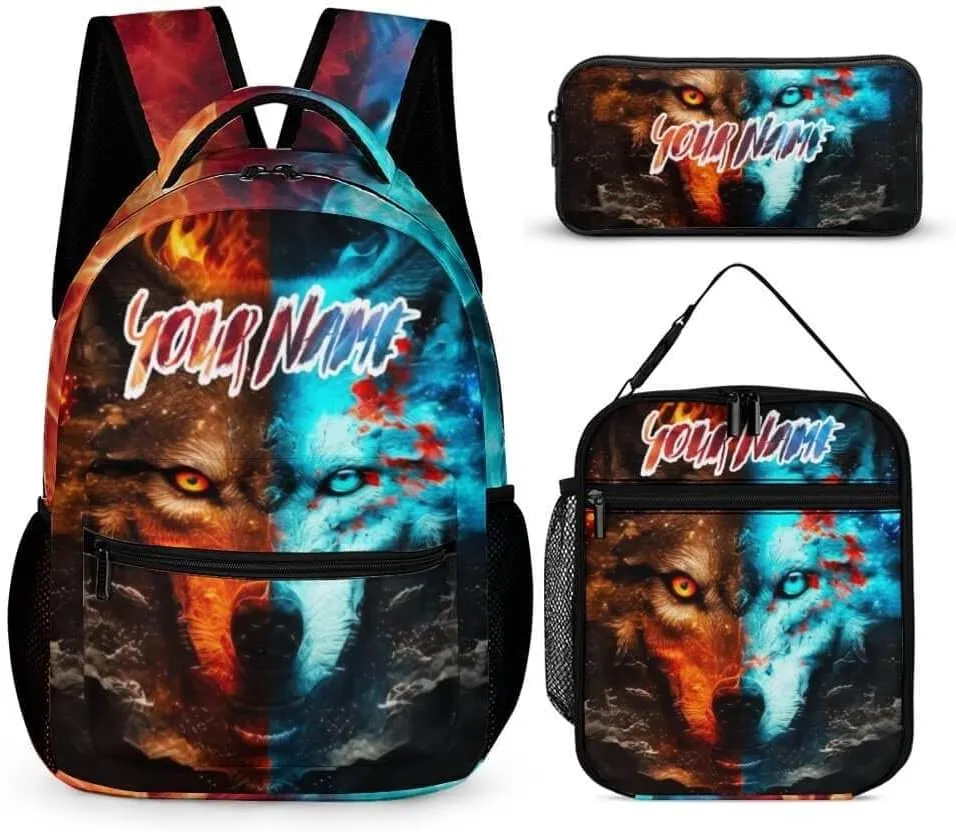 Custom Wolf Backpack with Lunch Box & Pencil Case for Kids Girls Boys School, 16 Inch Cute Wolf Bookbag, School Backpack for Students Children, Lightweight, Large Capacity