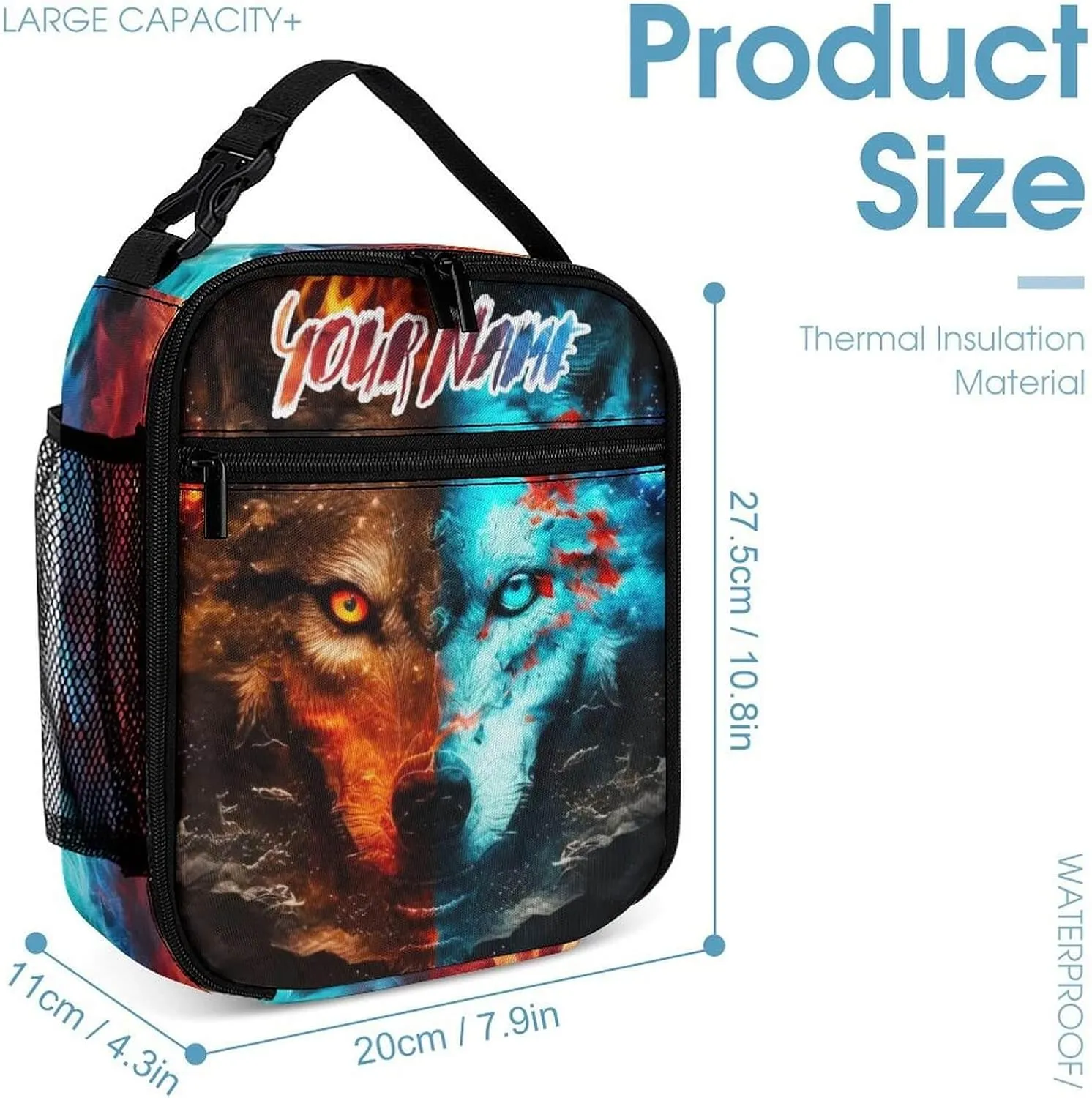 Custom Wolf Backpack with Lunch Box & Pencil Case for Kids Girls Boys School, 16 Inch Cute Wolf Bookbag, School Backpack for Students Children, Lightweight, Large Capacity