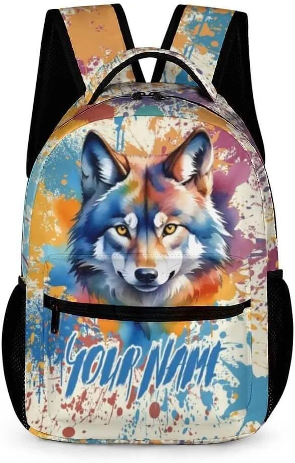 Custom Wolf School Backpack for Kids Girls Boys, 16 Inch Cute Wolf Themed Bookbag, Personalized School Backpack for Students Children, Lightweight, Large Capacity