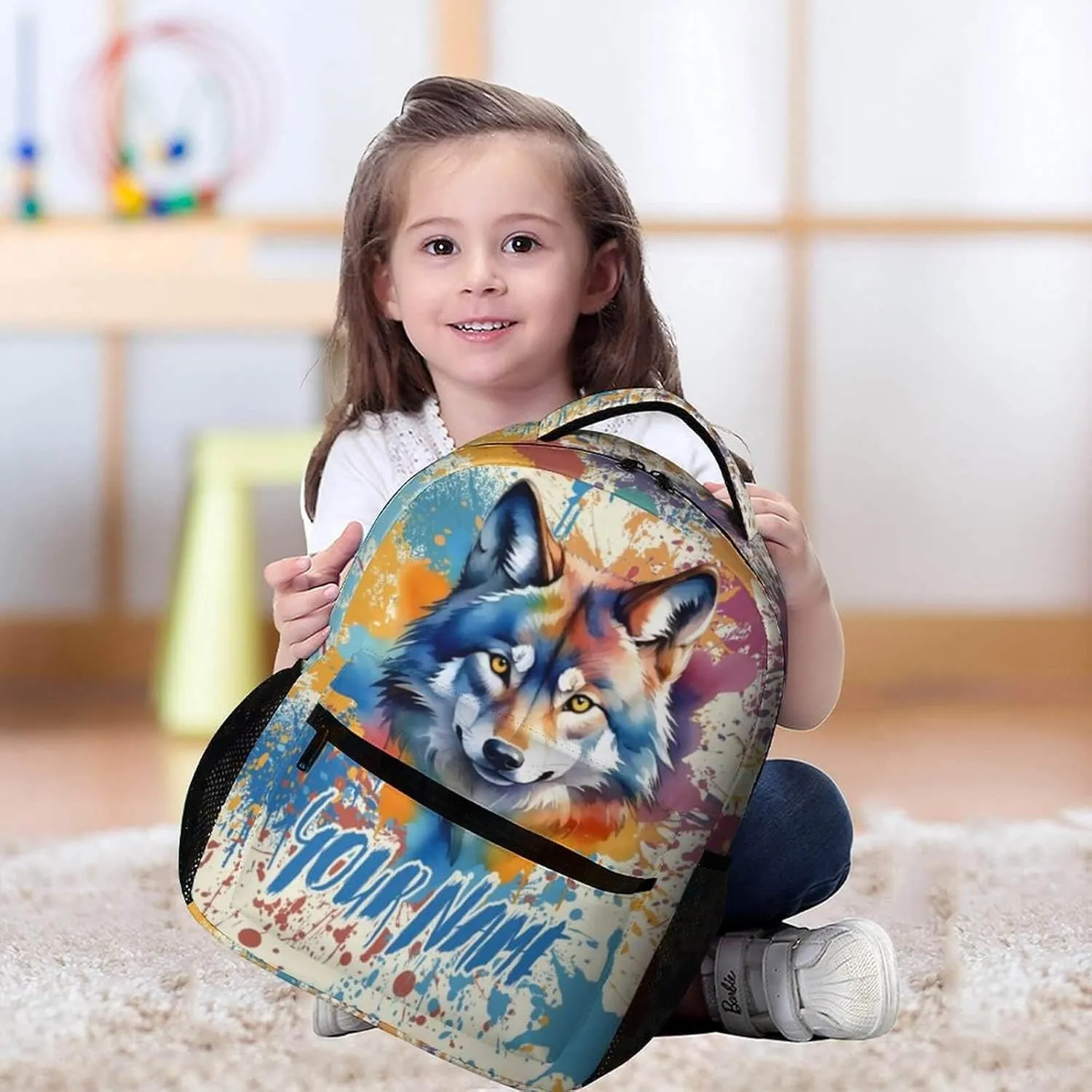 Custom Wolf School Backpack for Kids Girls Boys, 16 Inch Cute Wolf Themed Bookbag, Personalized School Backpack for Students Children, Lightweight, Large Capacity