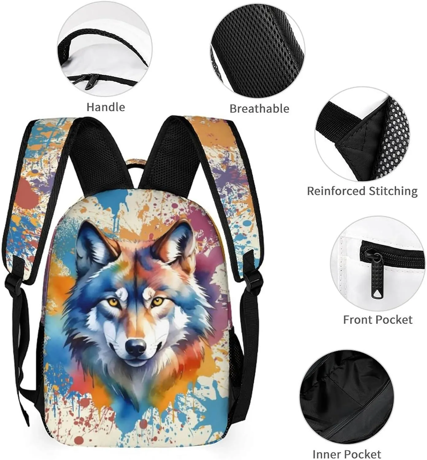 Custom Wolf School Backpack for Kids Girls Boys, 16 Inch Cute Wolf Themed Bookbag, Personalized School Backpack for Students Children, Lightweight, Large Capacity