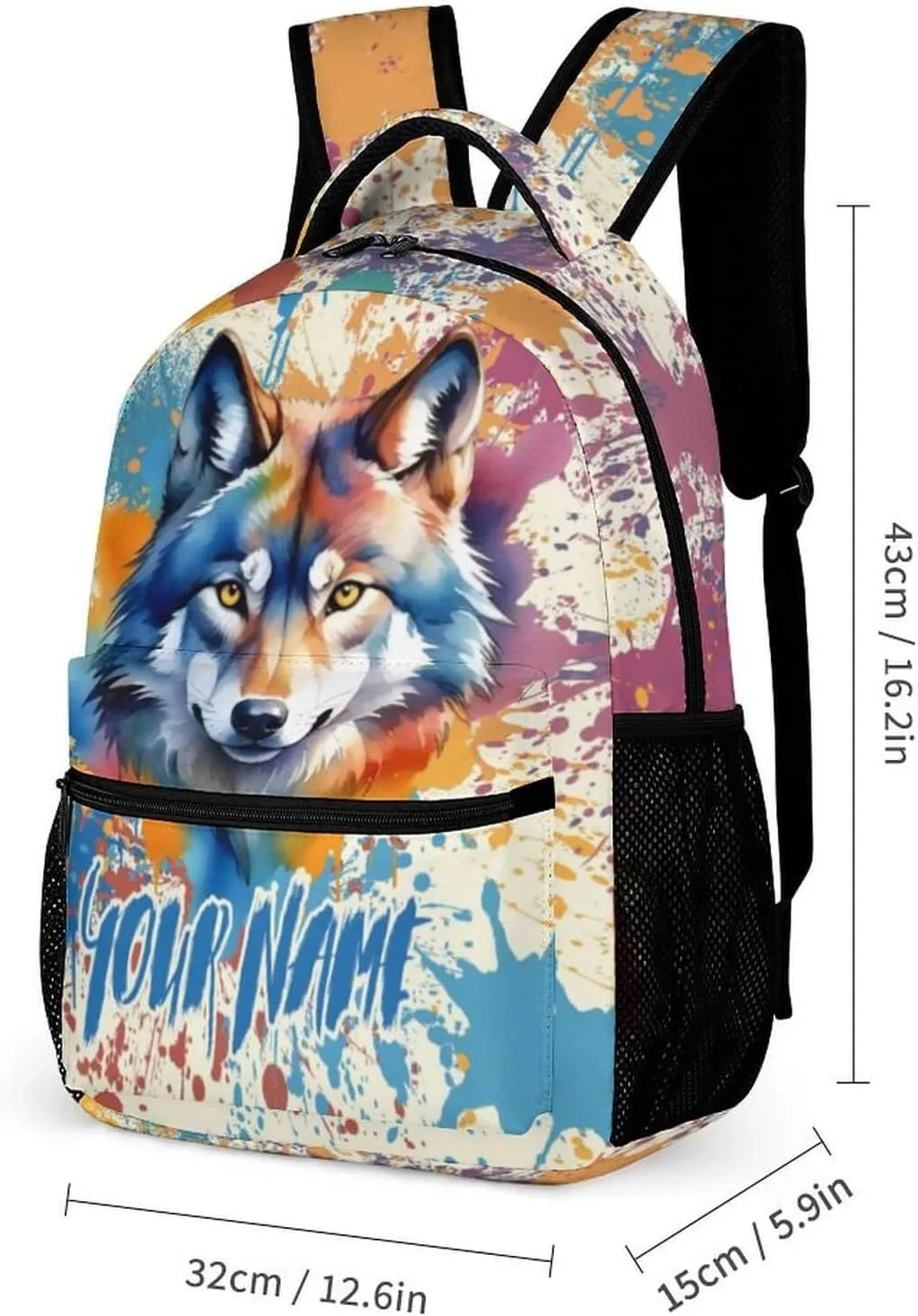 Custom Wolf School Backpack for Kids Girls Boys, 16 Inch Cute Wolf Themed Bookbag, Personalized School Backpack for Students Children, Lightweight, Large Capacity