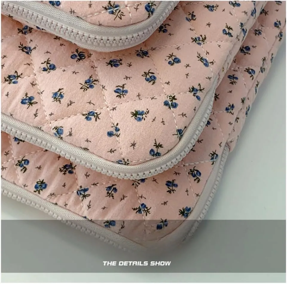 Cute Floral Laptop Sleeve Coquette Quilted Puffy Carrying Tablet Case Fairycore Protective Pouch for Notebook Tablet (Blue Floral,15inch)