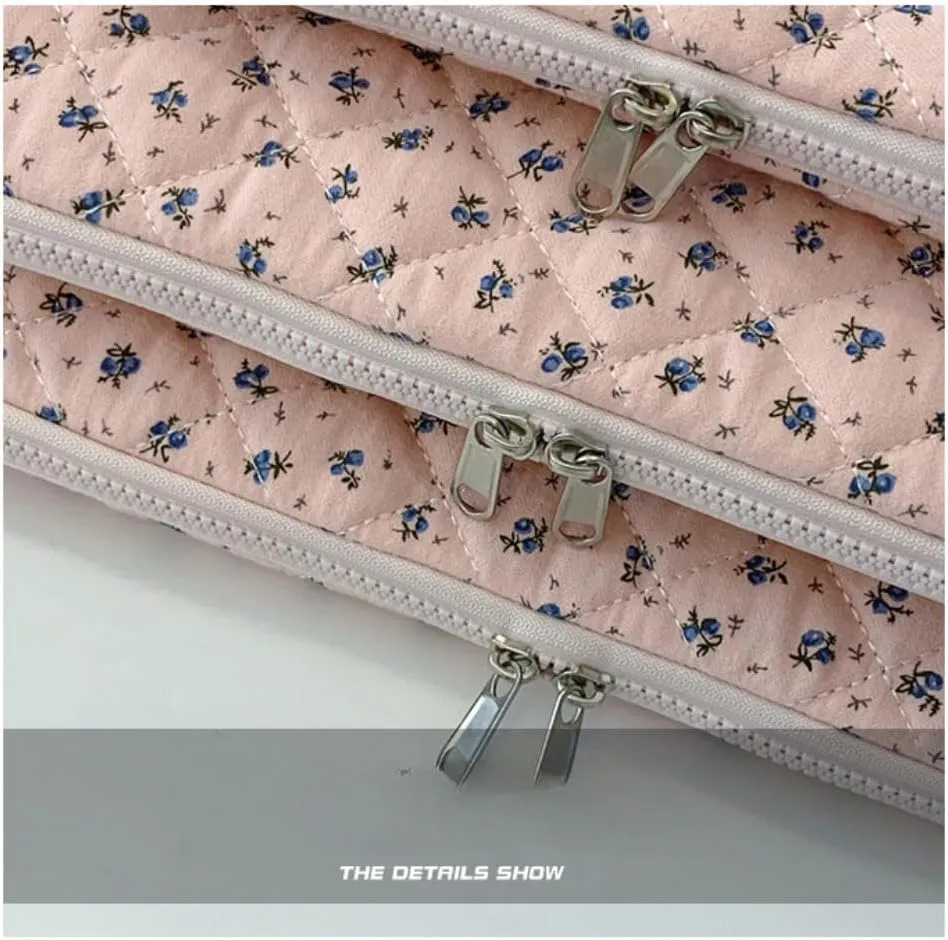 Cute Floral Laptop Sleeve Coquette Quilted Puffy Carrying Tablet Case Fairycore Protective Pouch for Notebook Tablet (Blue Floral,15inch)