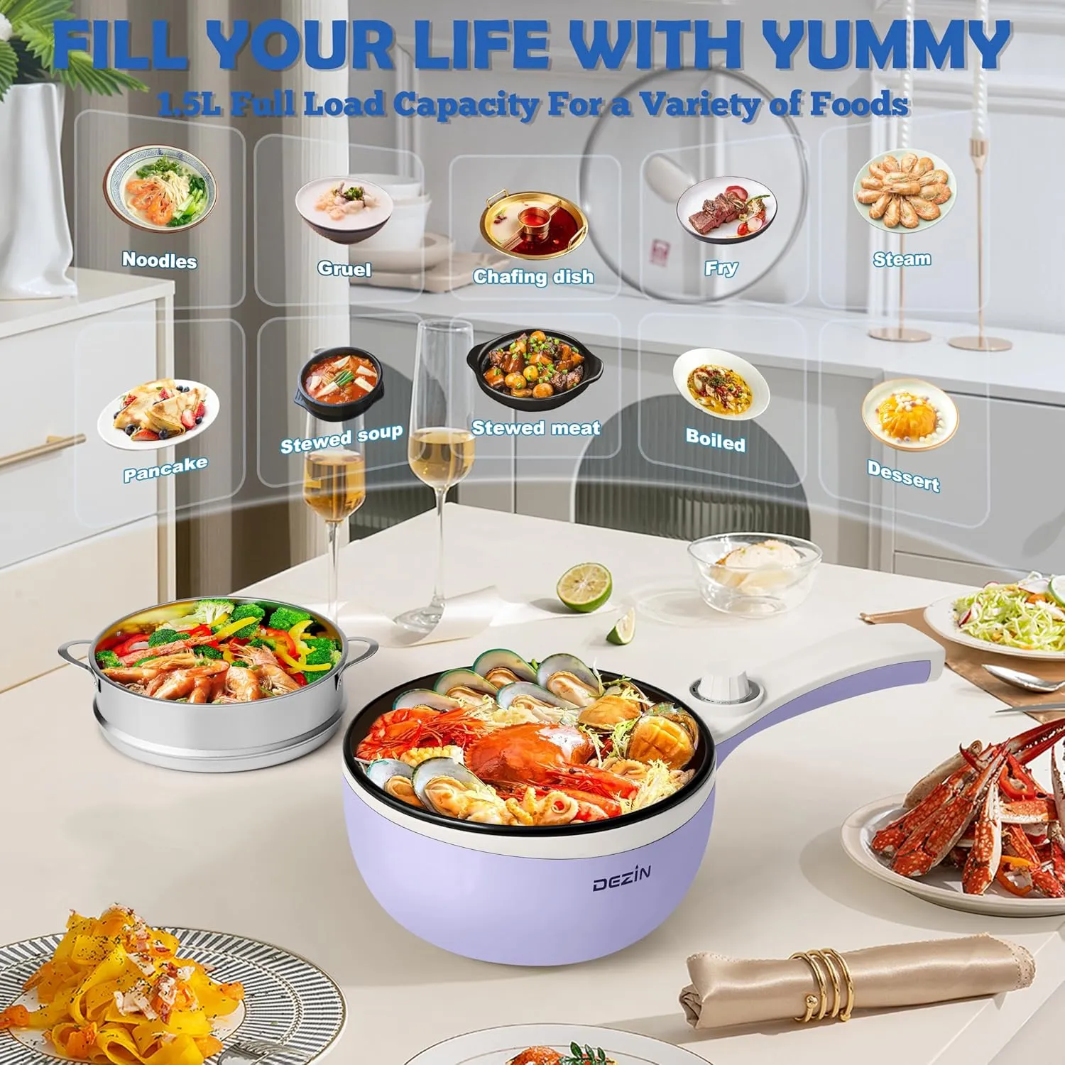 Dezin Hot Pot Electric with Steamer Upgraded, Non-Stick Sauté Pan, Rapid Noodles Electric Pot, 1.5L Mini Pot for Steak, Egg, Fried Rice, Ramen, Oatmeal, Soup with Power Adjustment