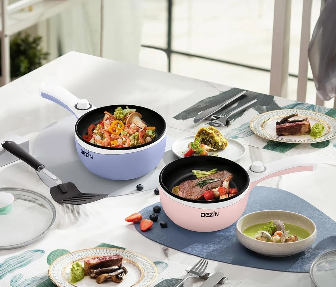 Dezin Hot Pot Electric with Steamer Upgraded, Non-Stick Sauté Pan, Rapid Noodles Electric Pot, 1.5L Mini Pot for Steak, Egg, Fried Rice, Ramen, Oatmeal, Soup with Power Adjustment