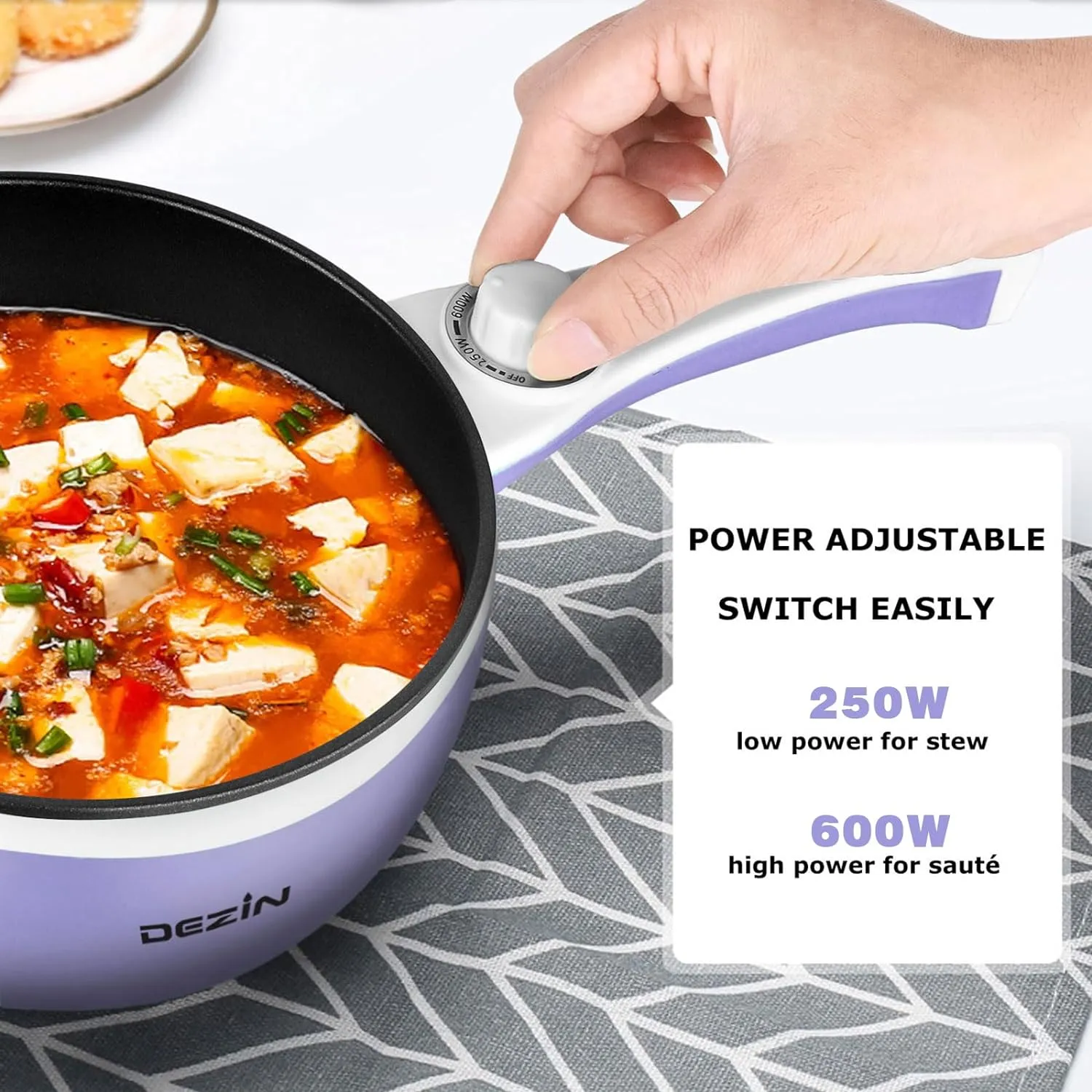 Dezin Hot Pot Electric with Steamer Upgraded, Non-Stick Sauté Pan, Rapid Noodles Electric Pot, 1.5L Mini Pot for Steak, Egg, Fried Rice, Ramen, Oatmeal, Soup with Power Adjustment