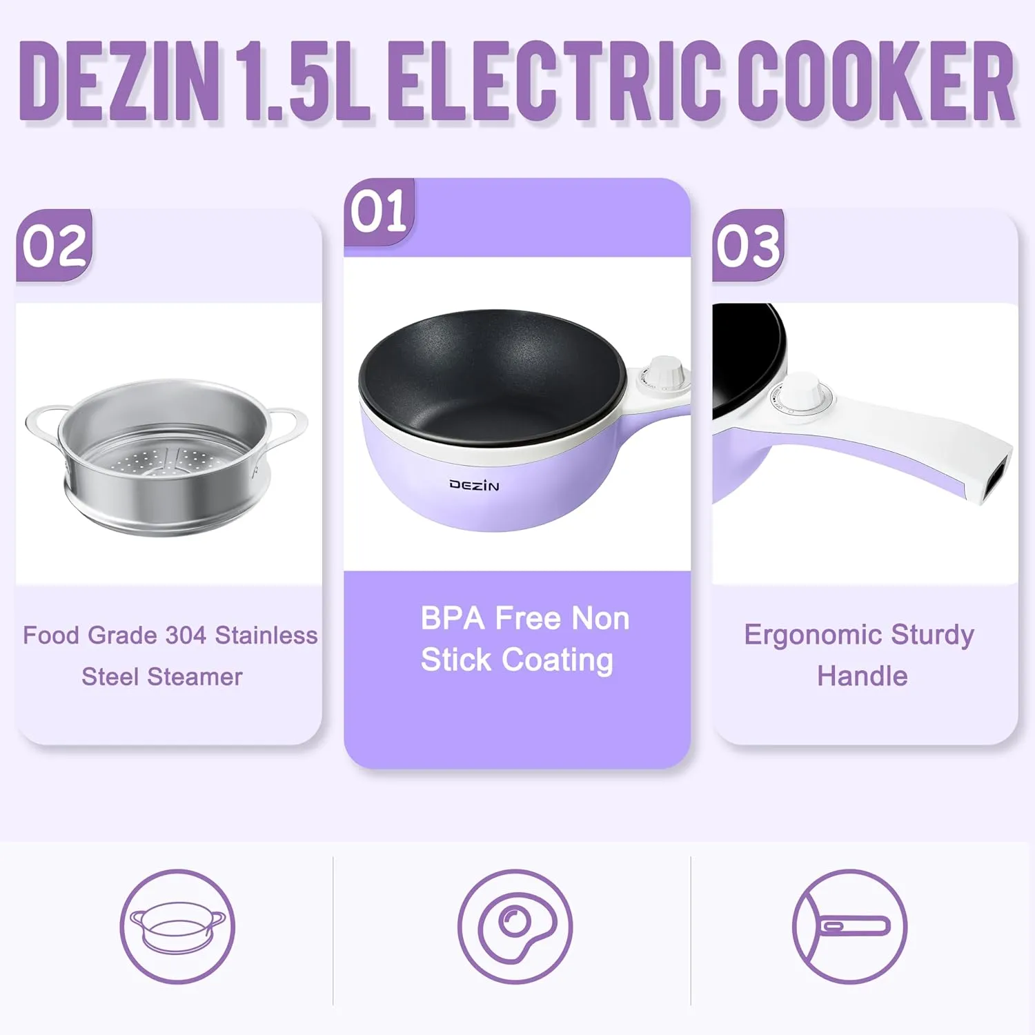 Dezin Hot Pot Electric with Steamer Upgraded, Non-Stick Sauté Pan, Rapid Noodles Electric Pot, 1.5L Mini Pot for Steak, Egg, Fried Rice, Ramen, Oatmeal, Soup with Power Adjustment