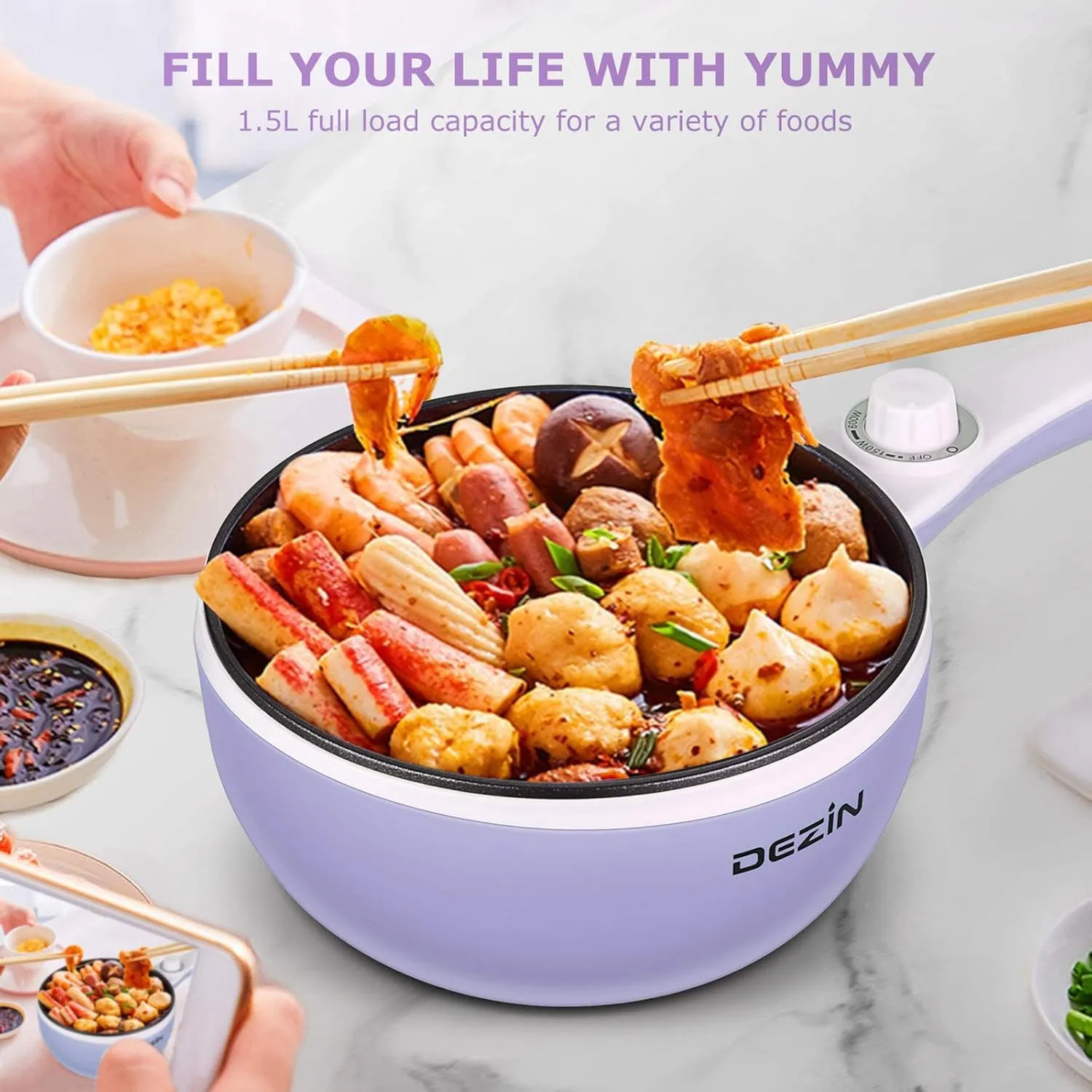 Dezin Hot Pot Electric with Steamer Upgraded, Non-Stick Sauté Pan, Rapid Noodles Electric Pot, 1.5L Mini Pot for Steak, Egg, Fried Rice, Ramen, Oatmeal, Soup with Power Adjustment