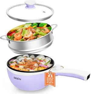 Dezin Hot Pot Electric with Steamer Upgraded, Non-Stick Sauté Pan, Rapid Noodles Electric Pot, 1.5L Mini Pot for Steak, Egg, Fried Rice, Ramen, Oatmeal, Soup with Power Adjustment