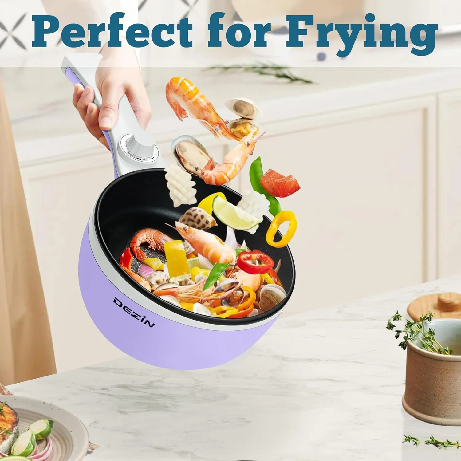 Dezin Hot Pot Electric with Steamer Upgraded, Non-Stick Sauté Pan, Rapid Noodles Electric Pot, 1.5L Mini Pot for Steak, Egg, Fried Rice, Ramen, Oatmeal, Soup with Power Adjustment