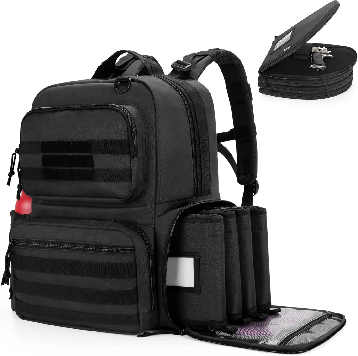 DSLEAF Tactical Pistol Backpack with 4 Pistol Cases, Gun Backpack for Handgun with 17x Magazine Slots for Hunting and Shooting