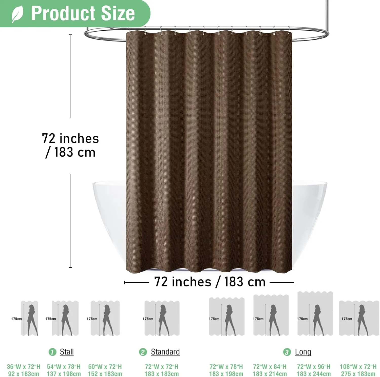 Dynamene Brown Fabric Shower Curtain - Waffle Weave Textured Heavy Duty Cloth, 256GSM Hotel Luxury Weighted Bath Curtain Set with 12 Plastic Hooks, for Bathroom, 72x72, Brown