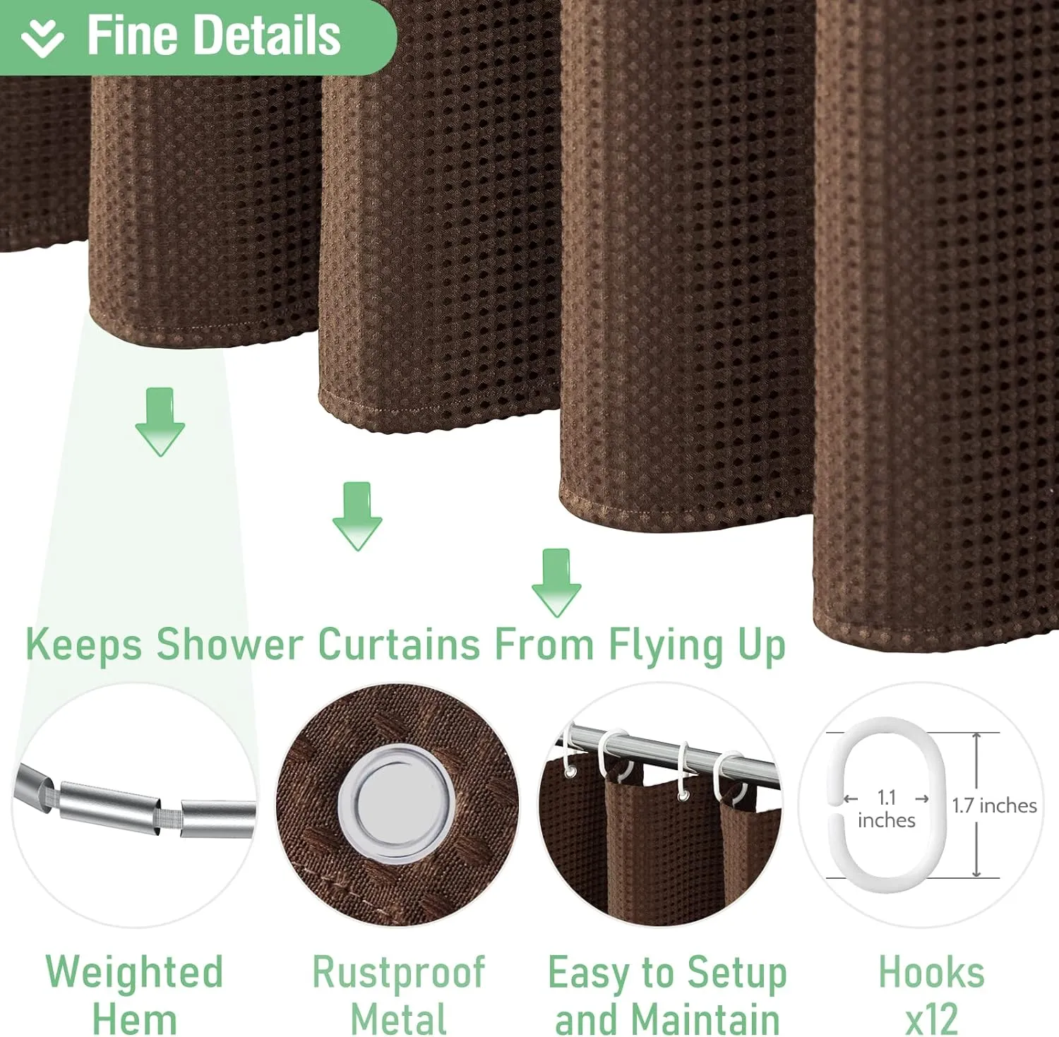 Dynamene Brown Fabric Shower Curtain - Waffle Weave Textured Heavy Duty Cloth, 256GSM Hotel Luxury Weighted Bath Curtain Set with 12 Plastic Hooks, for Bathroom, 72x72, Brown