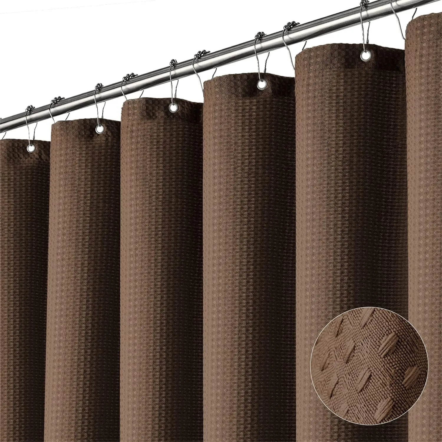 Dynamene Brown Fabric Shower Curtain - Waffle Weave Textured Heavy Duty Cloth, 256GSM Hotel Luxury Weighted Bath Curtain Set with 12 Plastic Hooks, for Bathroom, 72x72, Brown