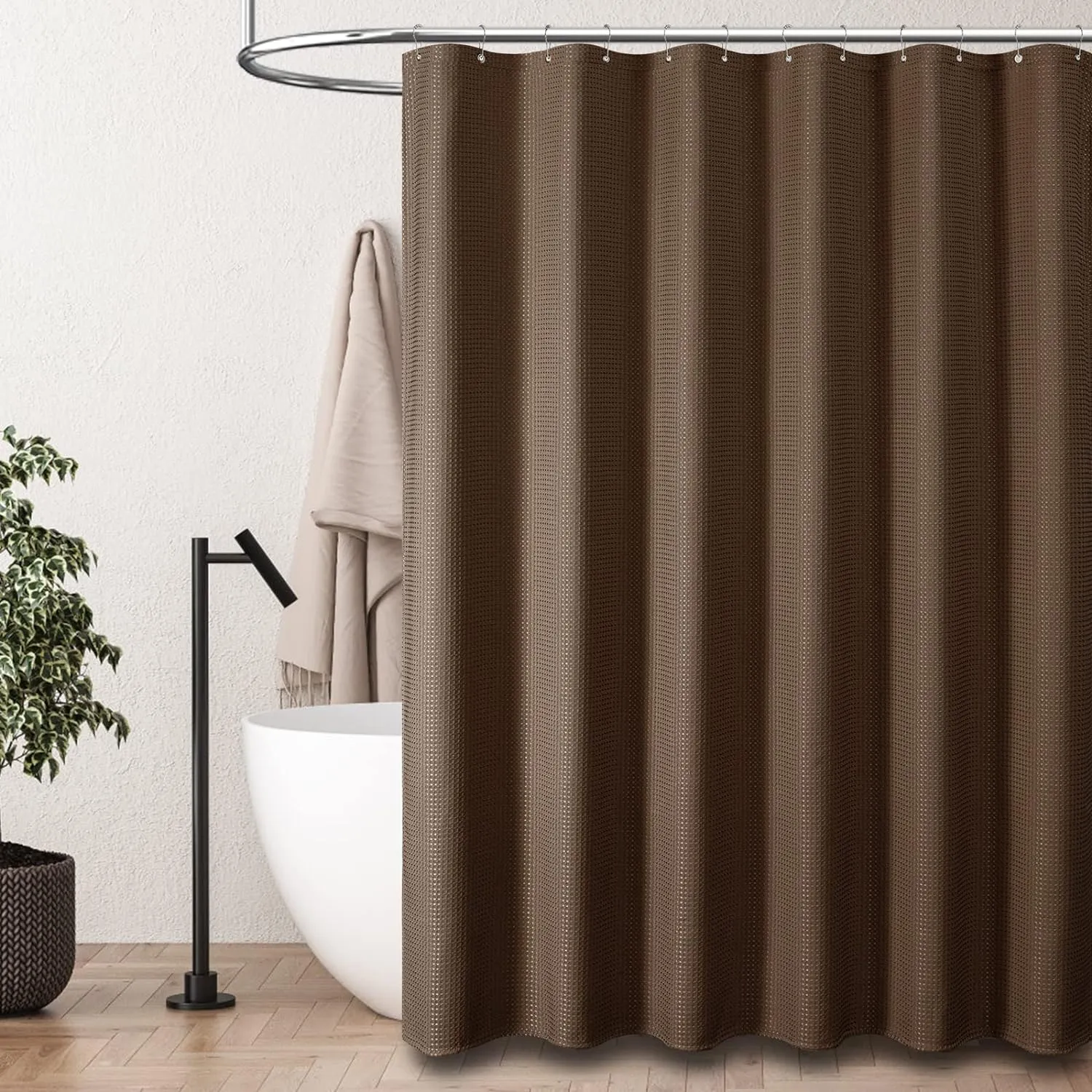 Dynamene Brown Fabric Shower Curtain - Waffle Weave Textured Heavy Duty Cloth, 256GSM Hotel Luxury Weighted Bath Curtain Set with 12 Plastic Hooks, for Bathroom, 72x72, Brown