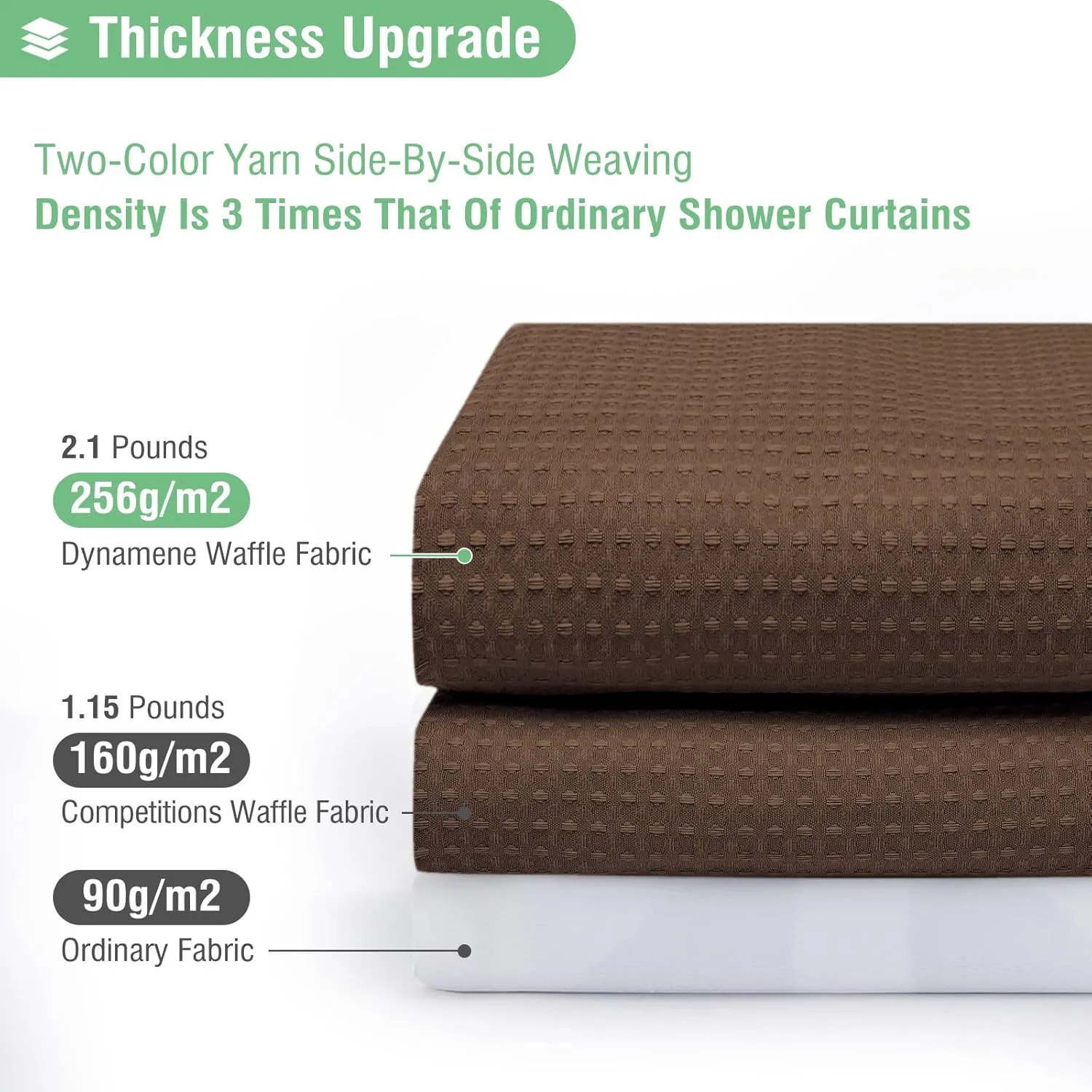 Dynamene Brown Fabric Shower Curtain - Waffle Weave Textured Heavy Duty Cloth, 256GSM Hotel Luxury Weighted Bath Curtain Set with 12 Plastic Hooks, for Bathroom, 72x72, Brown